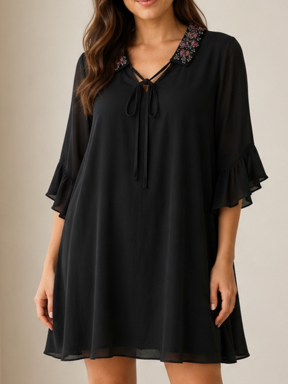 ZARA’S Black Chiffon Tie-Neck Dress with Embellished Collar NWOT